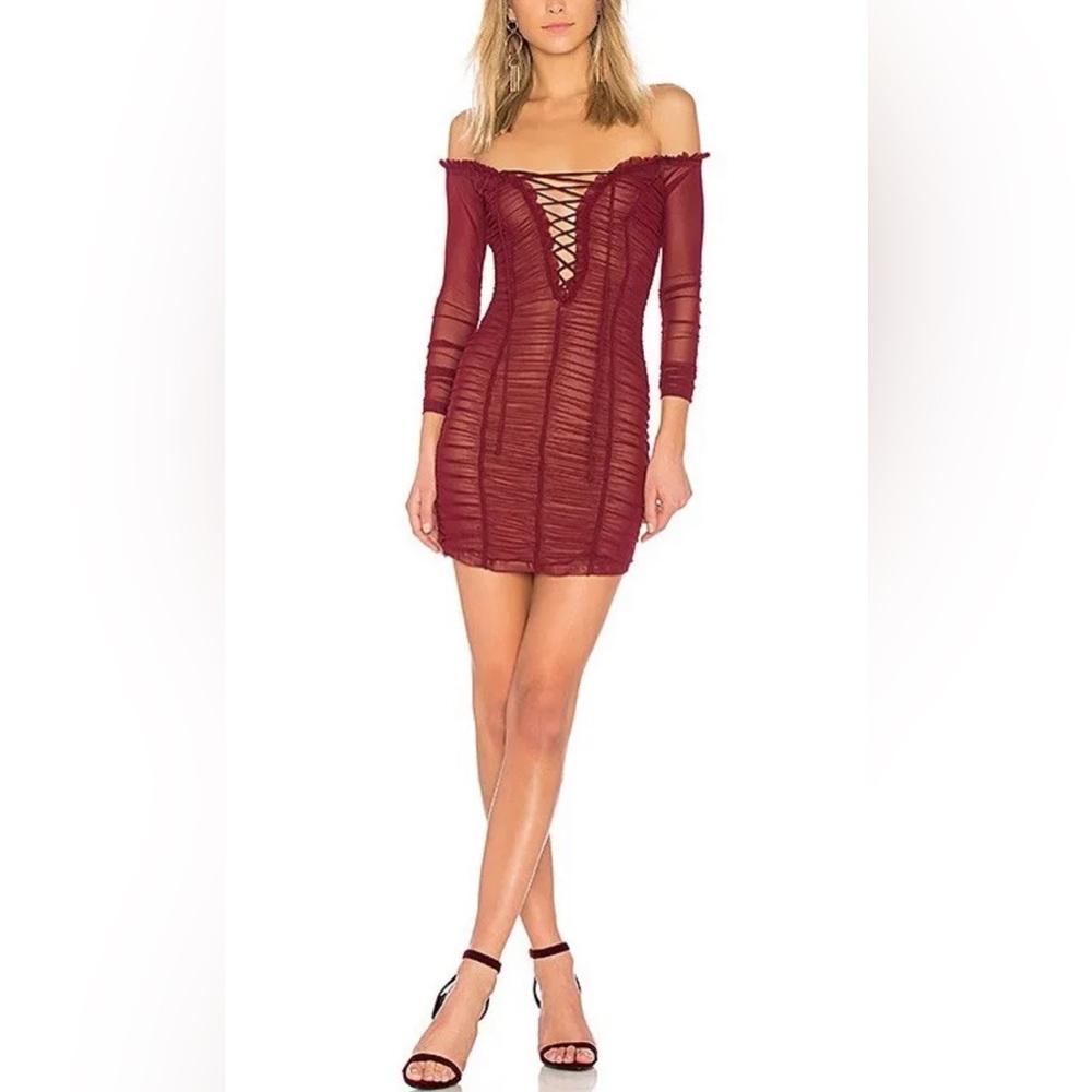 Majorelle Ruched Mesh Lace-up Long Sleeve Mini Jardin Dress Wine/Red XS RRP $255